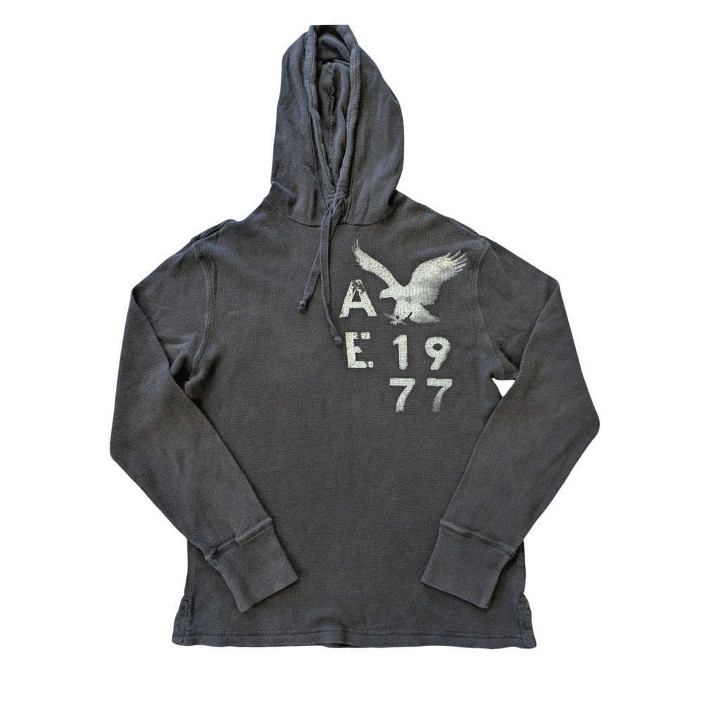 Y2K American Eagle Mens Thermal Hoodie Black Waffle Knit Size Large 90s Vintage